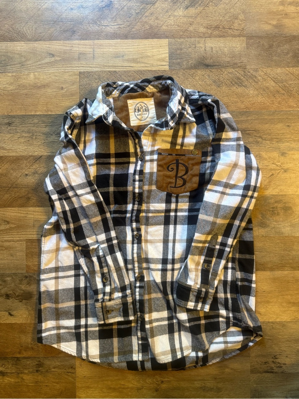 MarleyLilly Womens Plaid Flannel Shirt Monogram B Faux Suede Pocket Button Down
